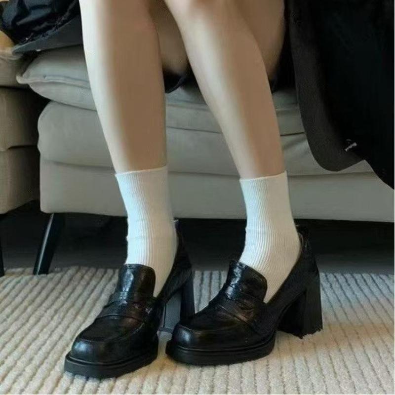 Retro high-heeled single shoes women's autumn fashion thick heel one-pedal square-headed college small leather shoes women