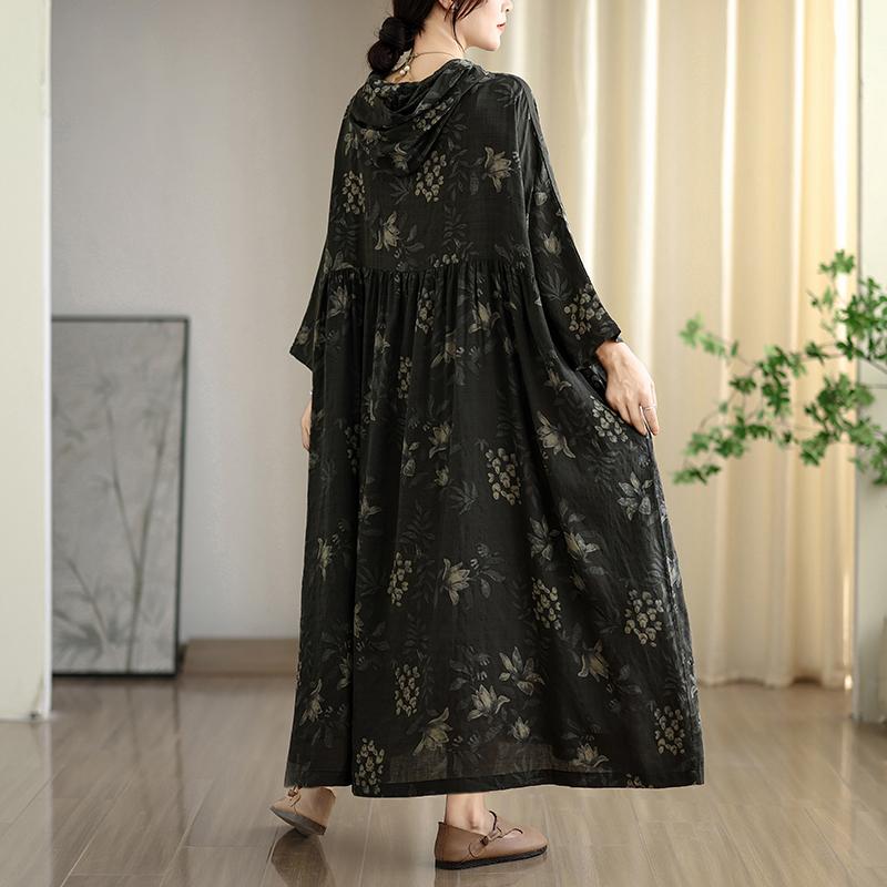 

DIMANAF 2025 Women Plus Size Long Hat Dress Loose O-Neck Printing Casual Floral Oversize Long Sleeve 8106 One Size