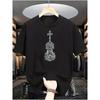 Europäische Größen Herren A Rundhals Kurzarm T-Shirt mit einem Kreativen Design, das Silhouetten von Violinen mit Musiknoten kombiniert