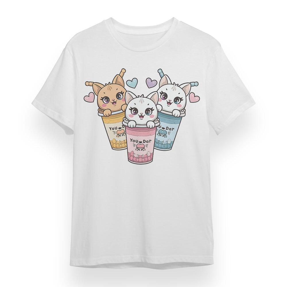 

Женская футболка с милым графическим принтом кошек в чашках для чая с молоком, хлопковая футболка большого размера, США L