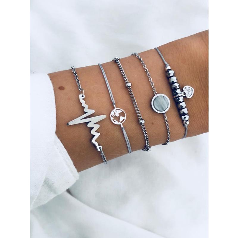 

Модная ниша, простая многослойная карта, черные бусины, электрокардиограмма, инкрустированный бриллиантами браслет Love, набор из 5 предметов