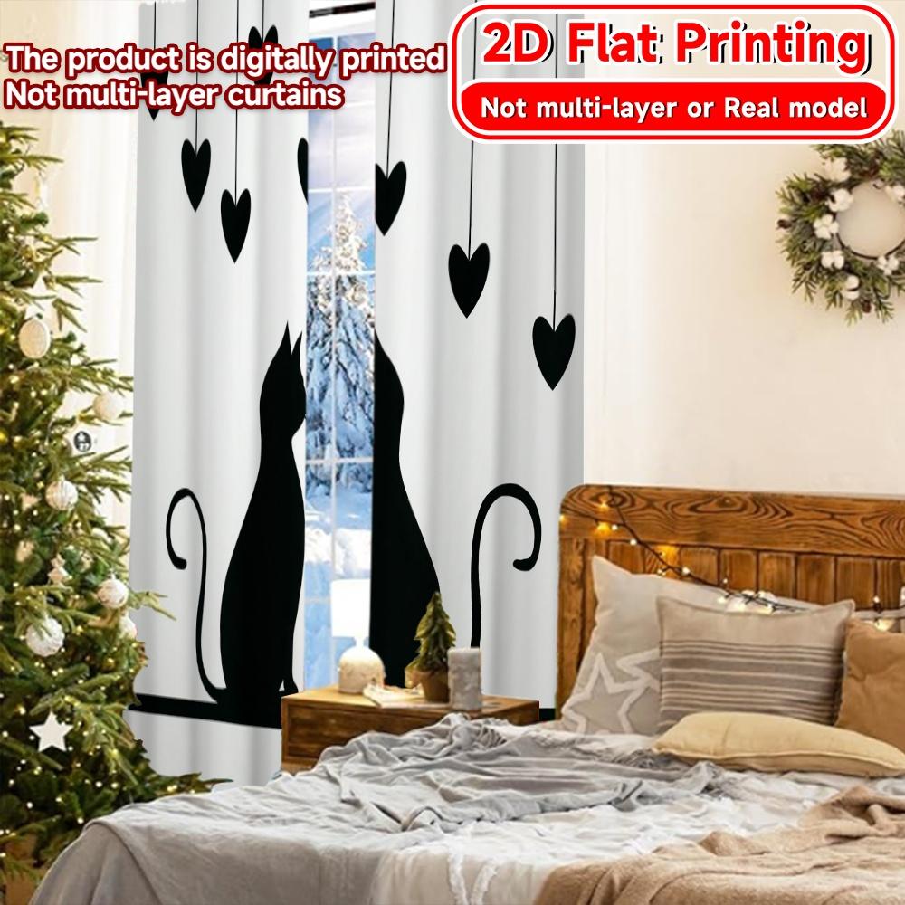 Set aus 2 flachen Druckvorhängen ohne Stange Design mit Katzen-Silhouette Neujahrsfest Beliebte Vorhänge Polyester Einfach herzustellen