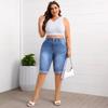 2026 Evropské Strečové Džínové Bermuda Šortky ve Velikostech Plus Size, Prané Modré, Středně Vysoký Pas, Smanšující Design Capri s Ohrnutými Nogami