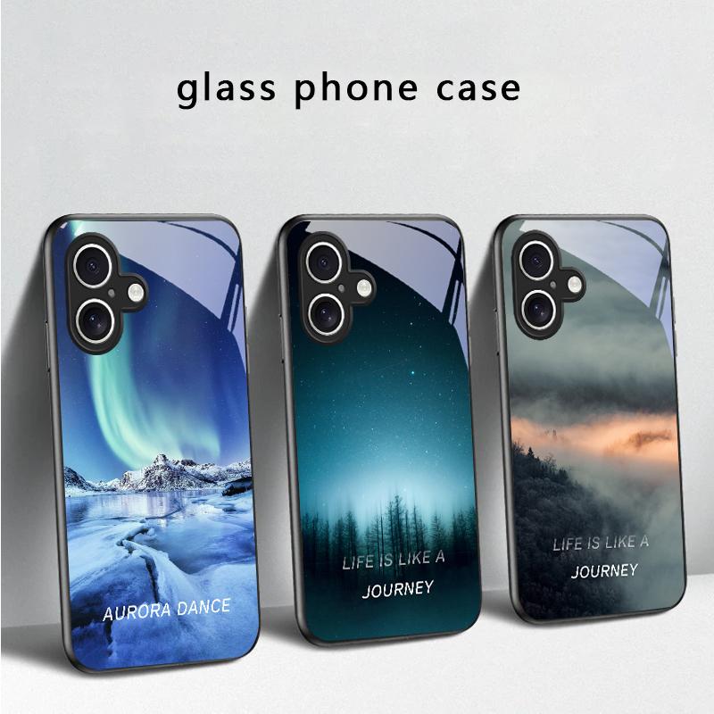Lake Aurora Ice Surface For iPhone 17 Air 16 E 15 Plus 14 Pro Max 13 12 Mini 11 5 6 7 8 Plus XR XS Max SE Black Glass Phone Case
