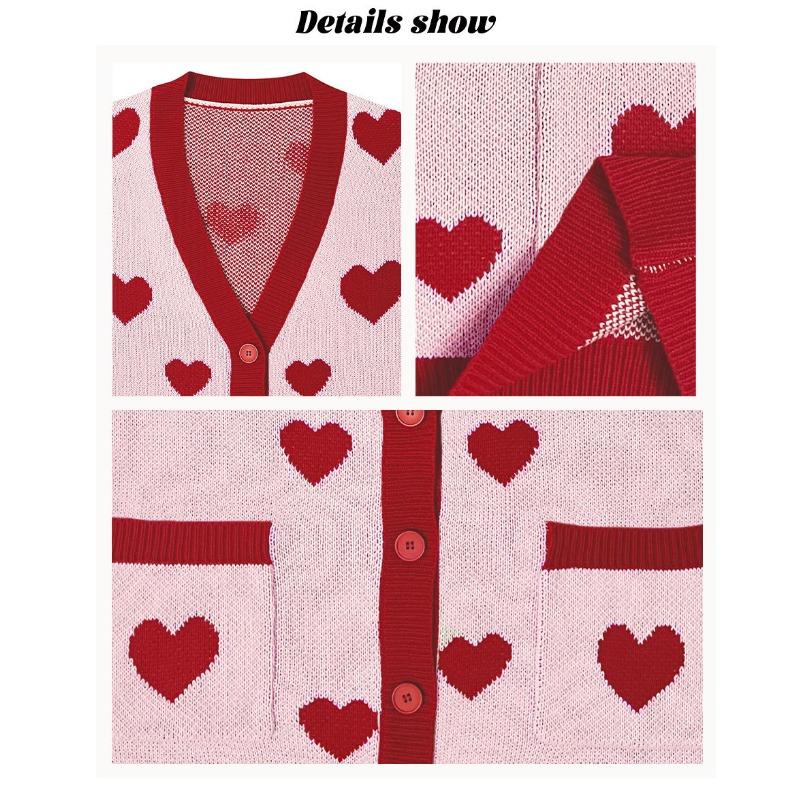 Cardigan da Donna con Stampa Cuori Rossi Bianchi, Scollo a V, Abbottonatura Frontale, Vestibilità Larga, Maglia Casual, Capo Esterno