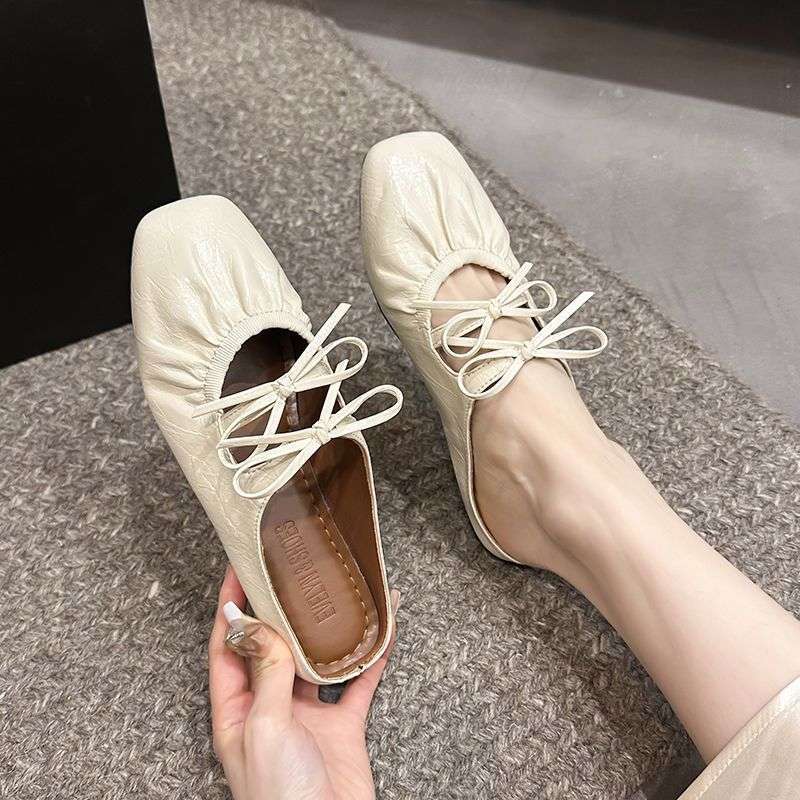 French bow silver bag head slippers women's 2025 spring and summer models with skirts flat soft bottom folds Mary Jane half drag