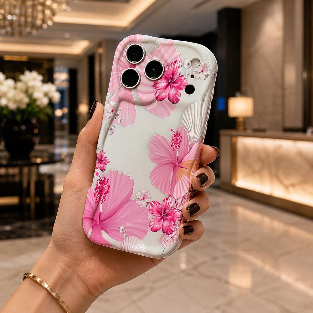 Watercolor Hibiscus Shell Wavy Edge Phone Case For iPhone 17 16 15 14 13 12 11 8 7 Plus Pro Max Floral Bumper Cover