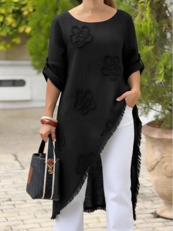 

European & American Women s Floral Print Tassel Shirt, 2026 Collection 2XL чёрный