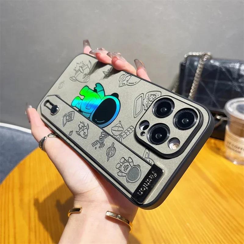 Luxury Laser Astronaut Wrist Strap Holder Leather Case for IPhone 15 14 13 12 Pro Max Plus 11 IPhone13 IPhone15 ProMax i15 Cover