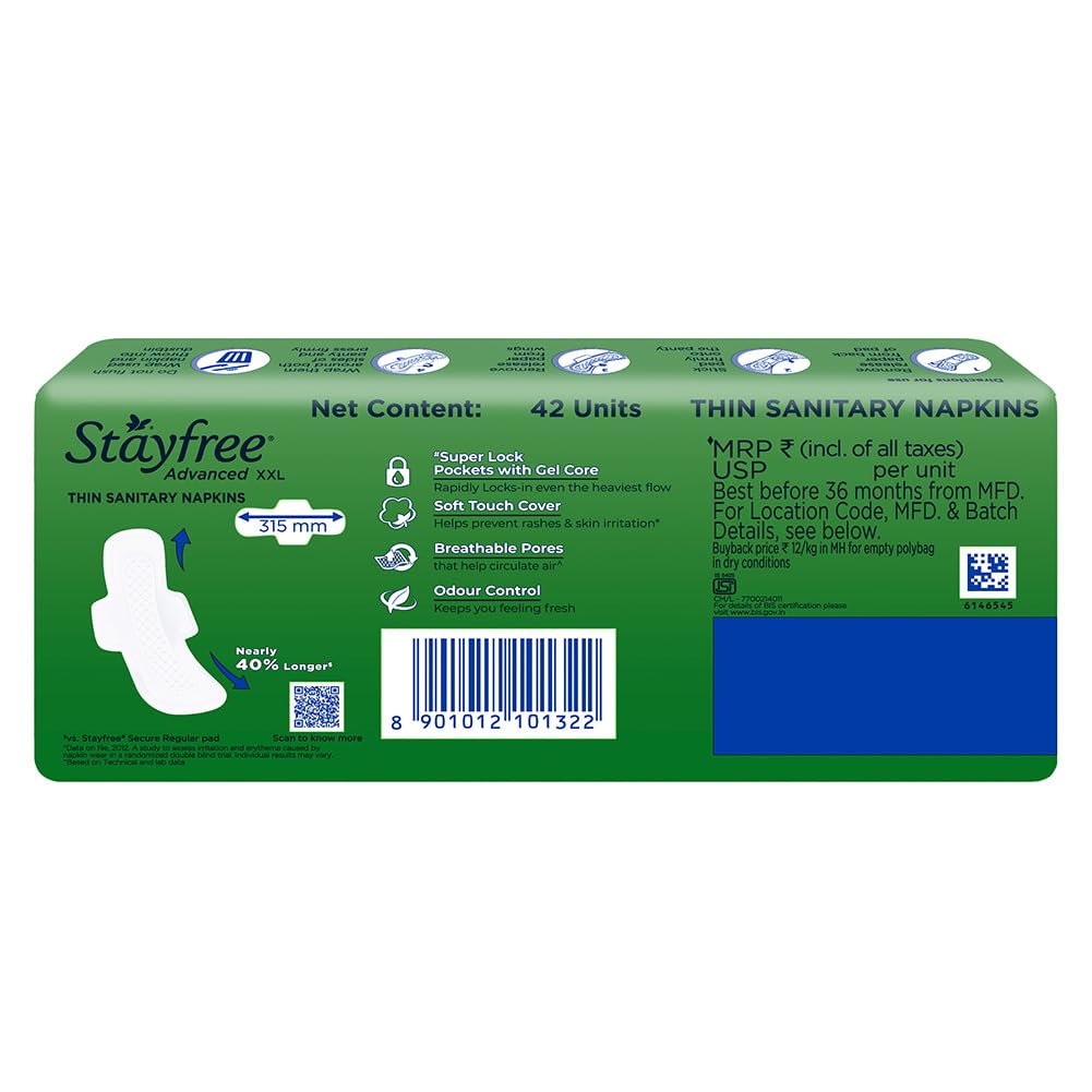 Stayfree Advanced XXL Ultra Soft Sanitary Pads for Women | 42 Soft Cotton Pads for All day Ultra Comfort | Locks Heavy flow | Prevent Rashes