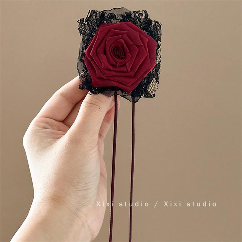 

Темная ночная роза ретро кружевной цветок веревка для волос темный ветрозащитный ремешок повязка на голову двойного назначения ключичная цепочка заколка для волос для путешествий красный