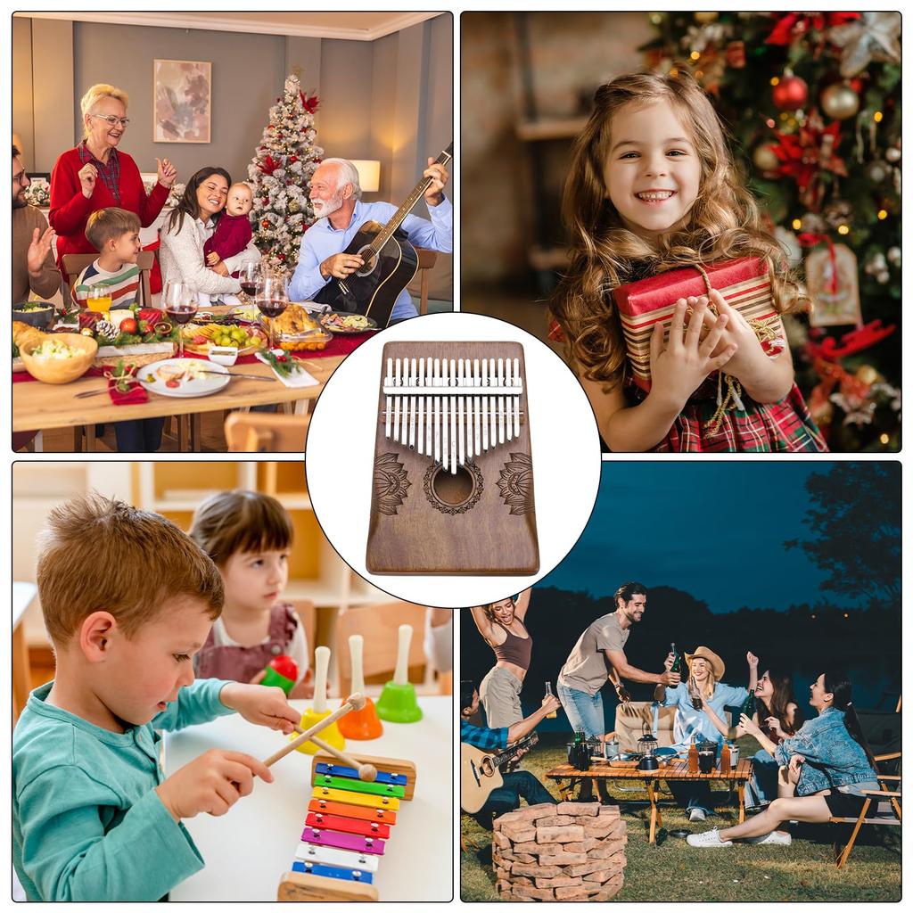 uxcell 17-Key Thumb Piano, Deep Brown Mini Portable Finger Piano, Solid Koa Wood with Floral Pattern, Handrail, Tuning Hammer, and Music Learning