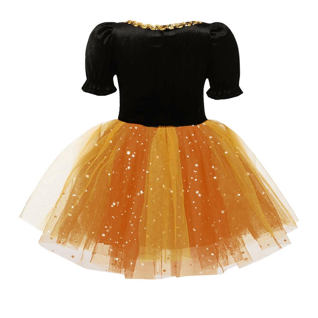 Mädchen Hexenkostüm Kurzer Puffärmel Glitzerndes Netz-Tüllkleid Halloween Cosplay Verkleidung