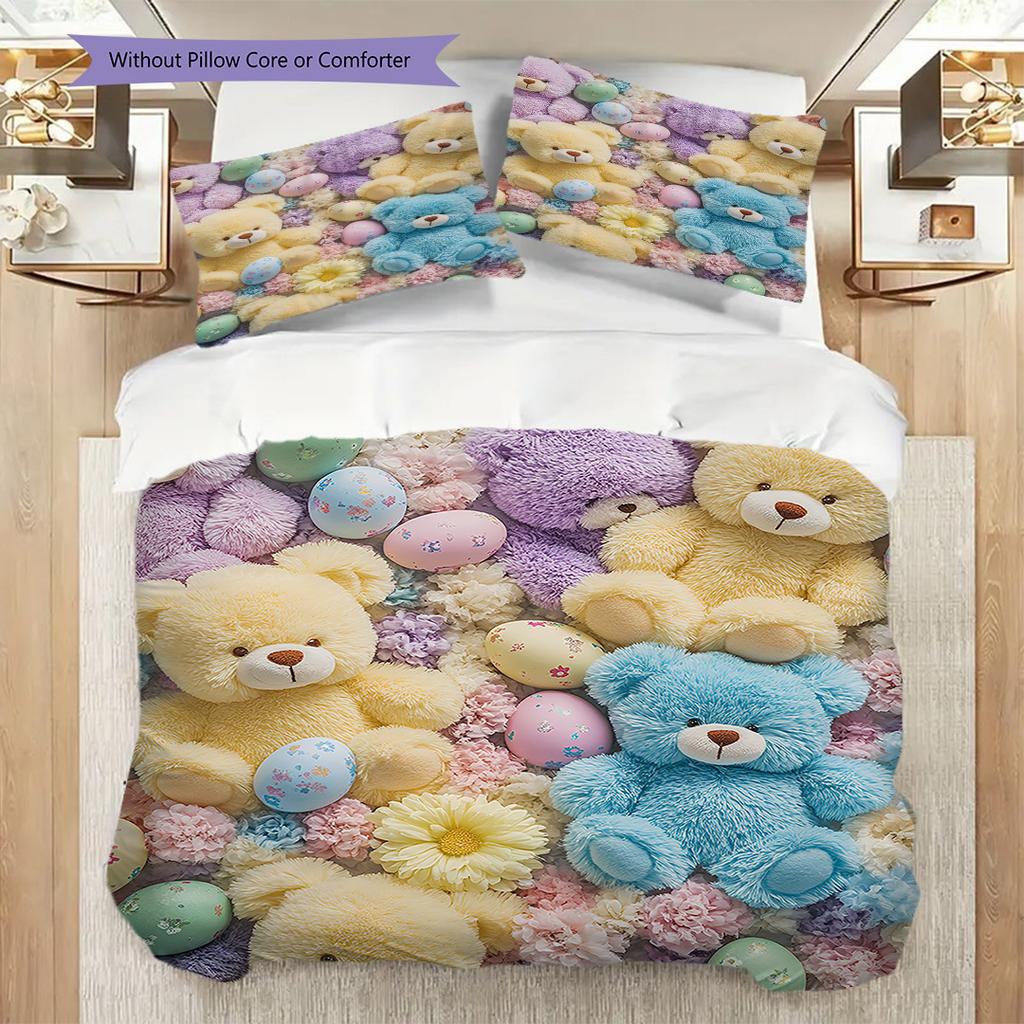 Teddy Bear Pattern Bedding Quilt Set Quilt Cover Pillowcase Home Decoration Birthday Gift (1 * duvet cover + 2 * pillowcase, without core)