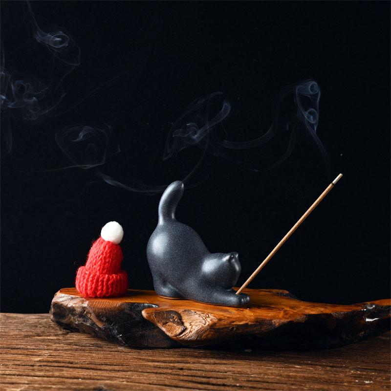Zen-Style Cat Incense Holder: Ceramic Ornament for Home, Tea Table, Agarwood & Sandalwood Incense