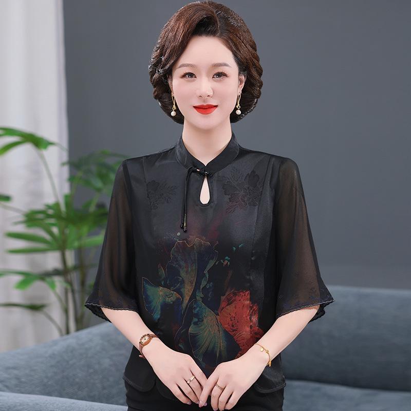 2026 Summer New Chinese Style Silk-Look Five-Sleeve Dress for Women - Trendy and Slimming for Middle-Aged and Elderly