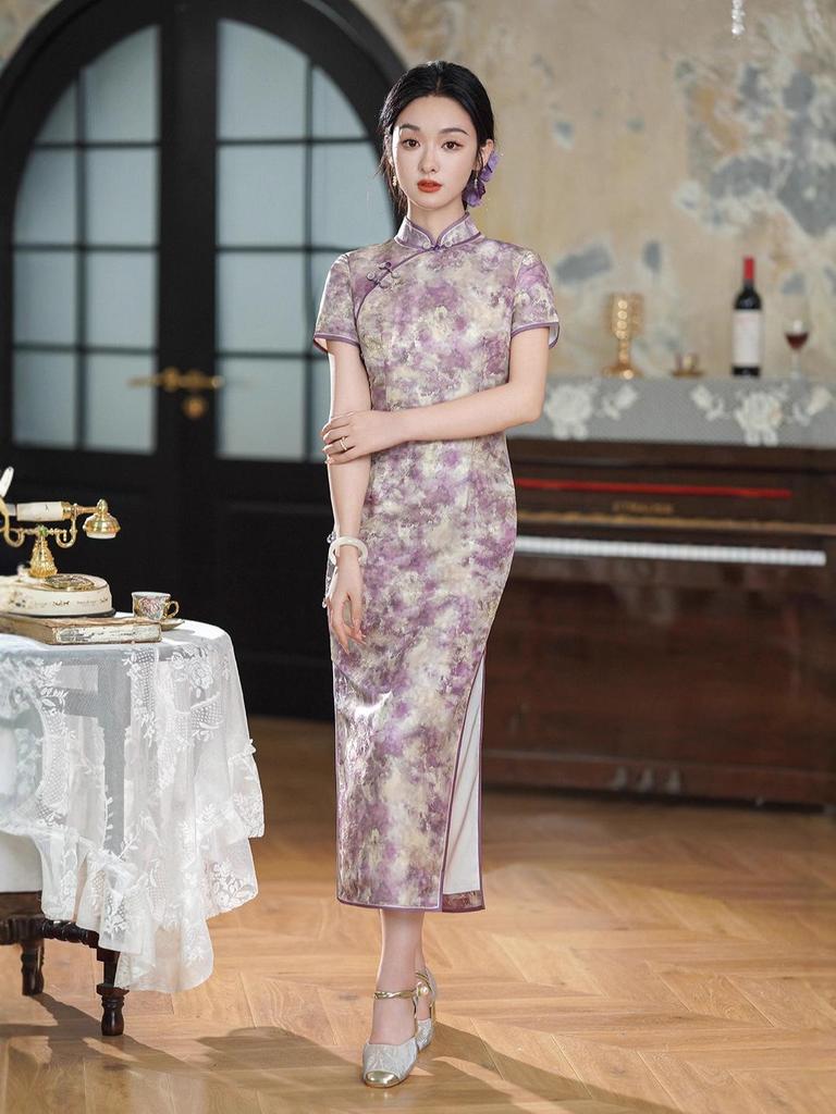 2025 Summer Pink High-End Mulberry Silk Short-Sleeve Cheongsam - Slimming, Modern Style