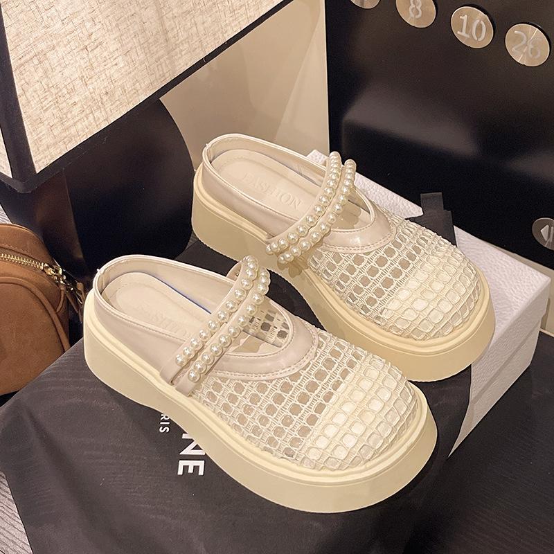 Hollow thick-soled bag head cool slippers women's 2025 summer new beaded comfortable and versatile women's cool slippers