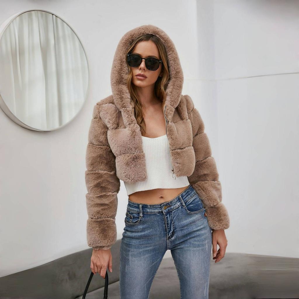 Y2k Streetwear Women Autumn Winter Faux Fur Coat Hooded Cropped Jacket Fur Coat Long Sleeve Cardigan Soft Tops Vintage Harajuku