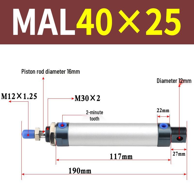 Mini Aluminum Alloy Pneumatic Cylinder - Round, Sizes 16/20/25/32/40 x 25/50/75/100/200