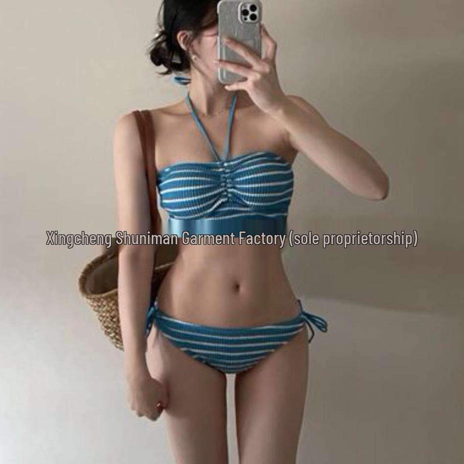 Špičkové korejské pruhované černé bikiny plavky pro ženy