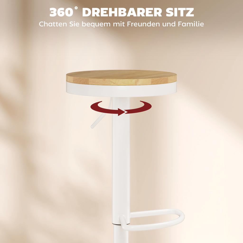 Bar Stool Set of 2, Height-Adjustable 360 degrees Swivel Bar Stool with Steel Frame Footrest 38.5x38.5x60-80 cm Natural Wood+White