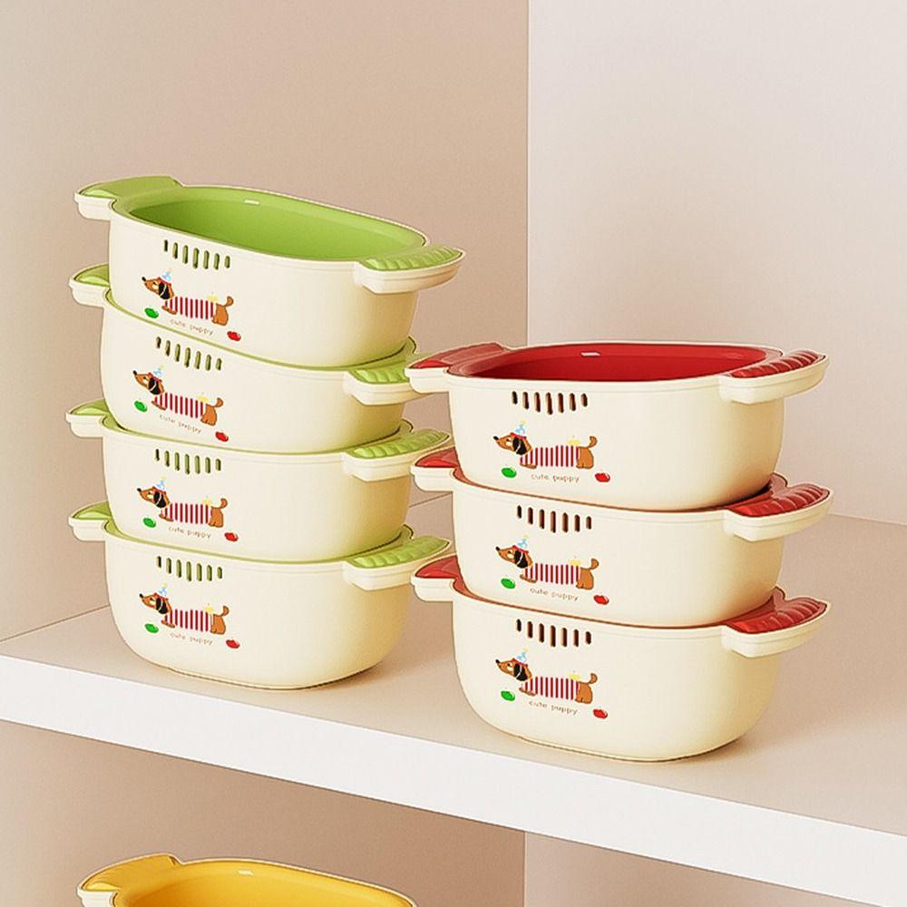 Dopamine Double Layer Drain Basket Stackable Large Capacity Fruit Storage Basket Space-saving Cute Handle