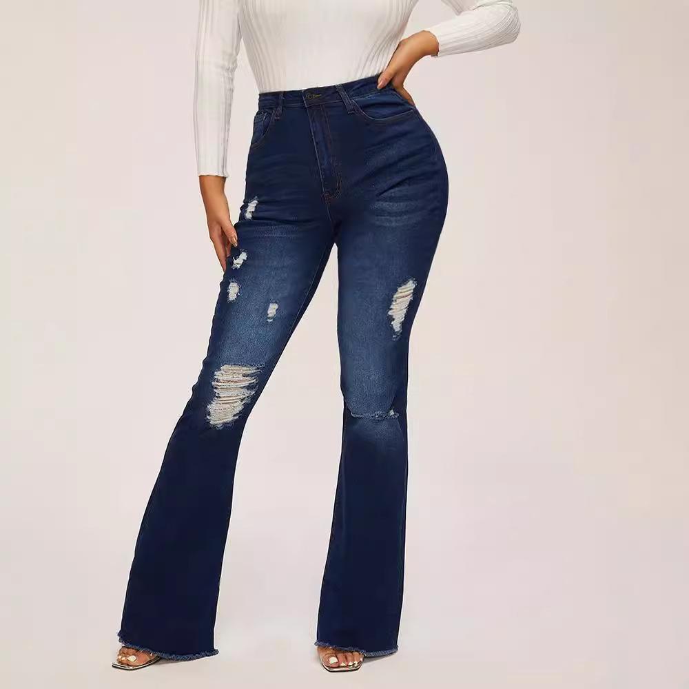 Women Bell Bottom Jeans Elastic Waist Ripped Flared Jean Destroyed Raw Hem Denim Pants