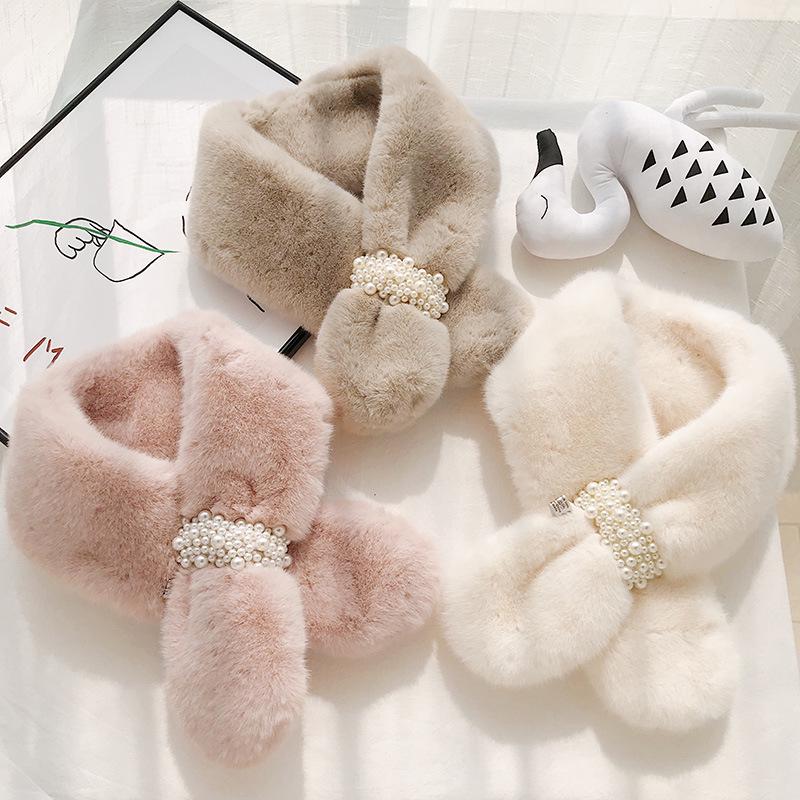 Women's Fur Collar Polyester Fiber Pearl Buckle Cross Thickening Imitation Fur Rex All-match Scarf
