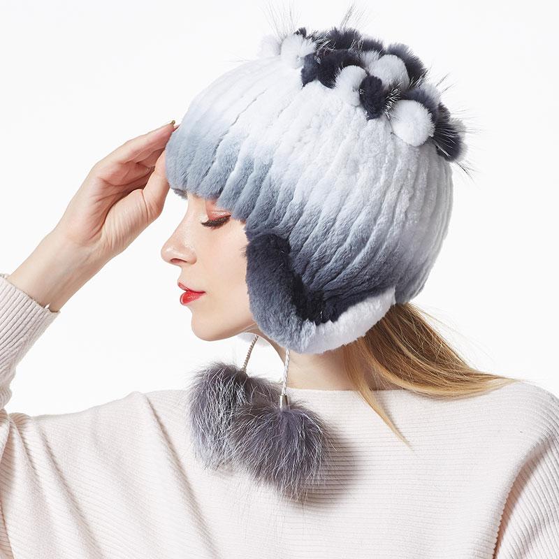 2019 Winter Bomber Hats for Women Rex Rabbit Fur Beanies Hat With Pompoms Women's Warm Knitted Hat Skullies Beanies Female Caps