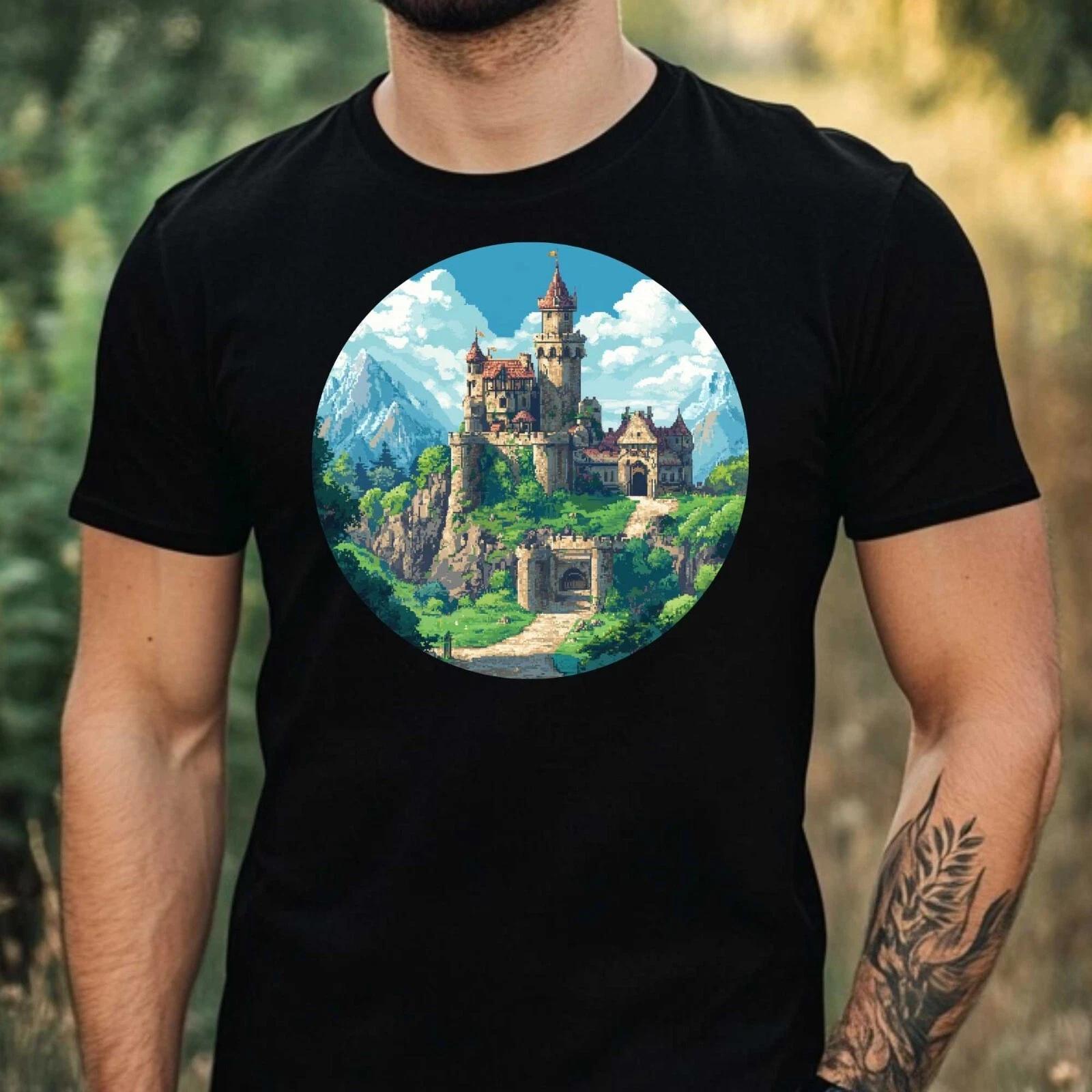 T-Shirt Herren Burg Pixel Art Motiv Baumwolle Größe XS bis 5XL S