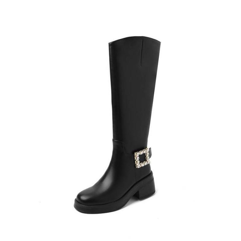 Höst och vinter läder stor storlek höga stövlar medelhög klack sidodragkedja rund tå gummi tjock sula koskinn nya fyrkantiga klackar Martin boots
