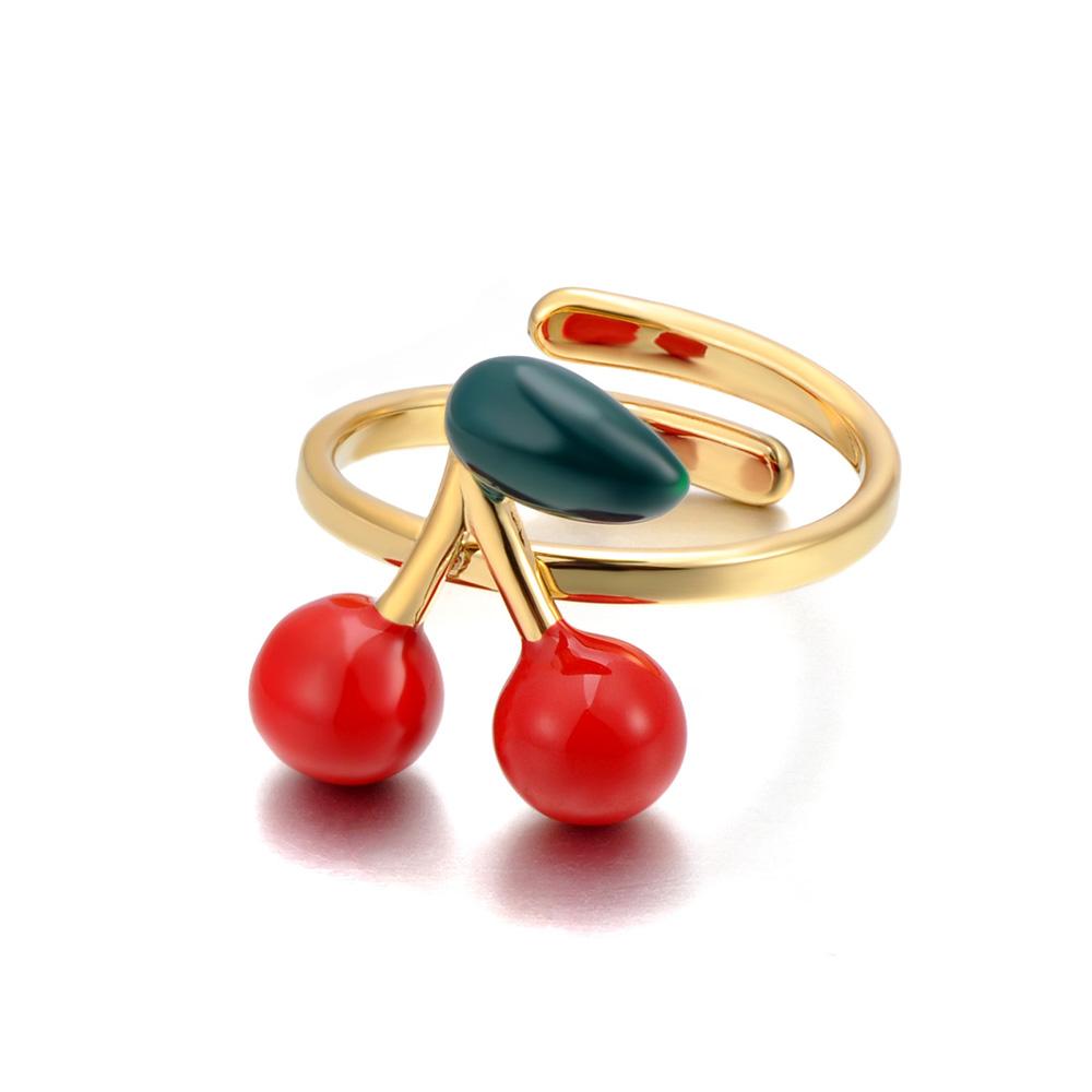 Jeemango Süße Emaille Rote Kirschringe Für Damen Mädchen 18K Vergoldeter Edelstahl Trendiger Verstellbarer Offener Ring Schmuck R25035 beige