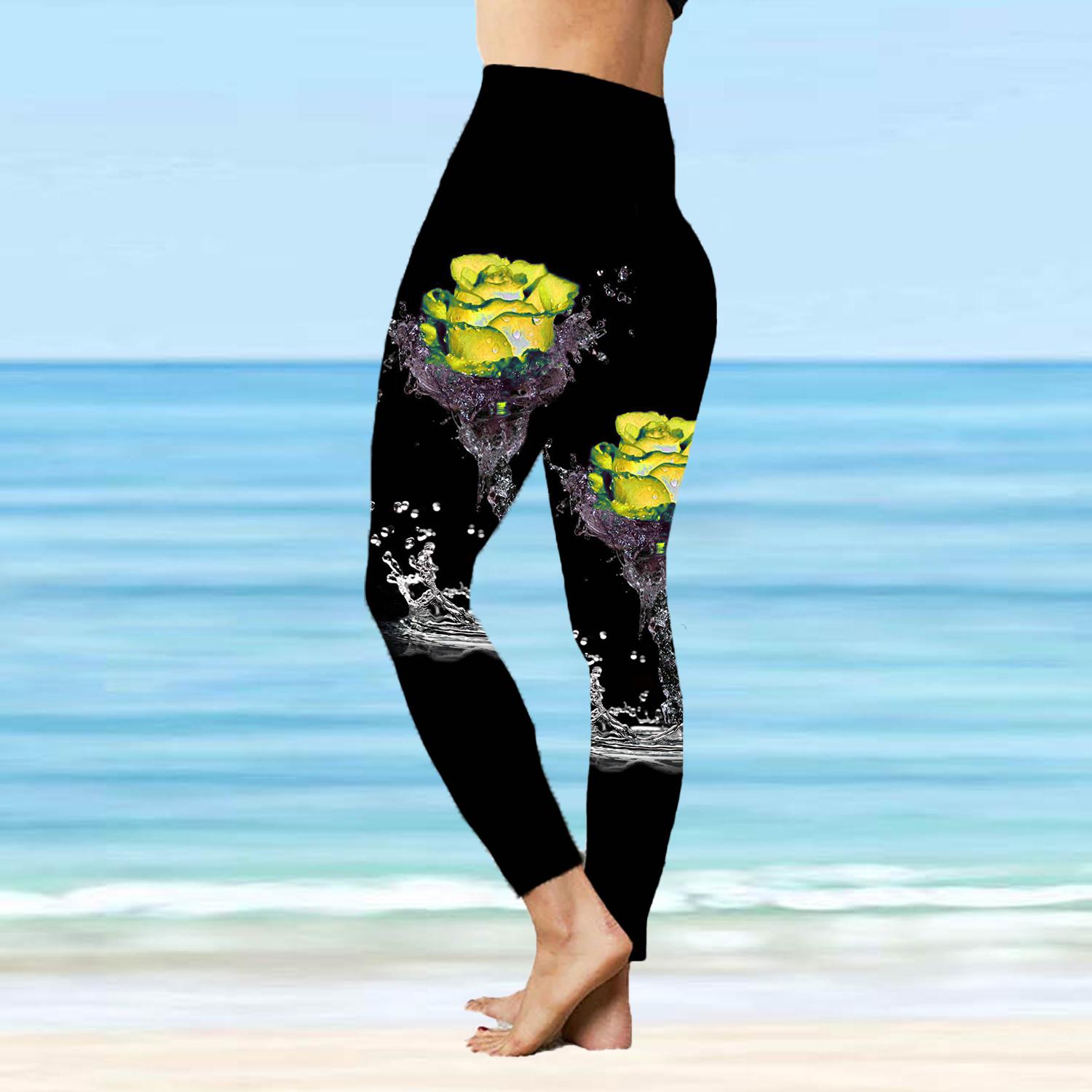 

Женские эластичные леггинсы для йоги с принтом водяной розы, спортивные штаны для фитнеса, бега, спортзала и активного отдыха 8XL жёлтый