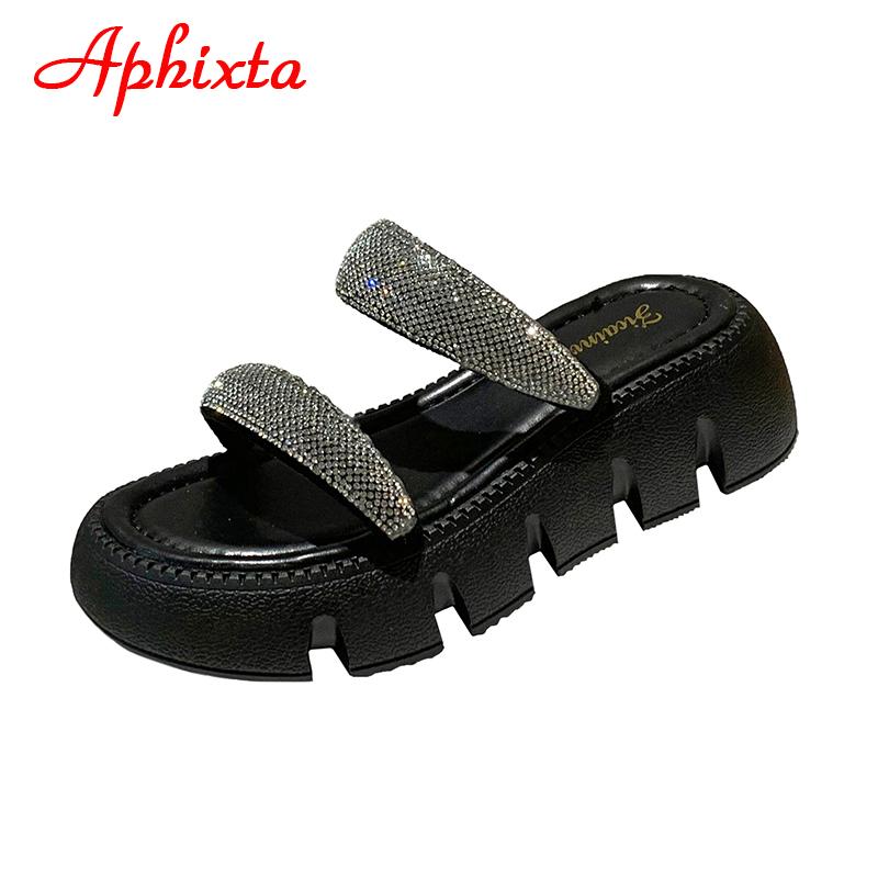 Fashion Aphixta 2025 New Summer Flat Platform Orange Slippers Women Sandals Luxury Crystals Shoes 5cm Chunky Sole Cool Slides