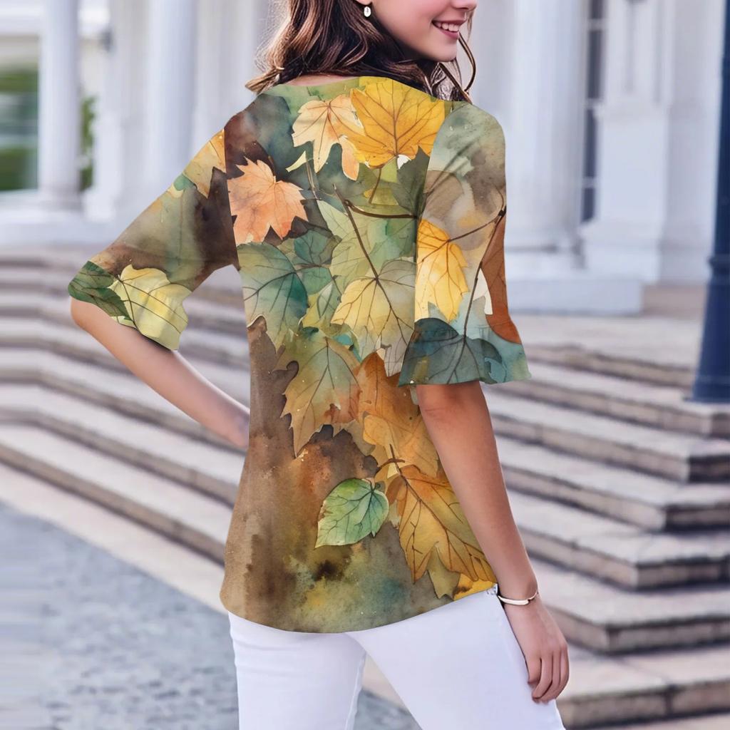 Damen Casual Fashion V-Ausschnitt Pullover Lose Pendeln Floral Fünf-Punkt-Ärmel T-Shirt Top