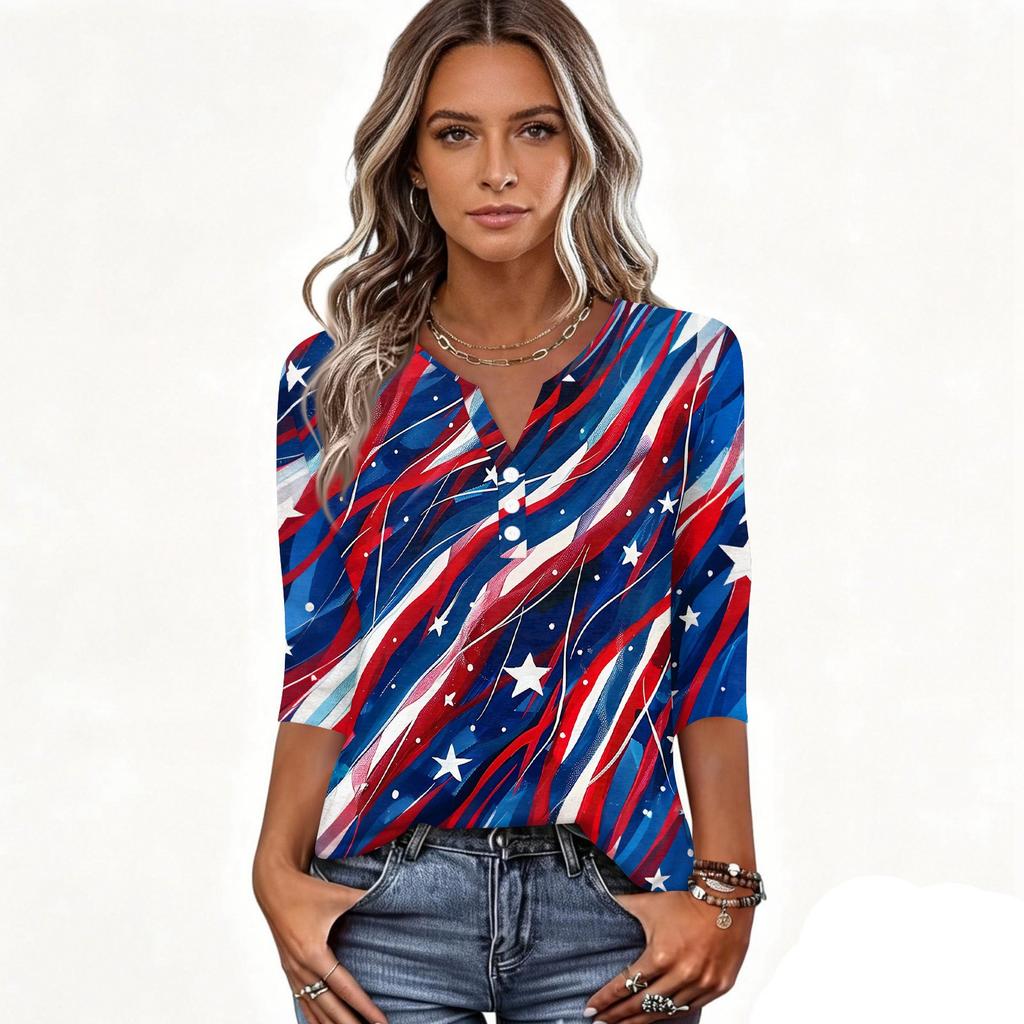 Women's T Shirt Independence Day Print Button 3/4 Sleeve Daily Weekend Fashion Basic V- Neck Regular Top