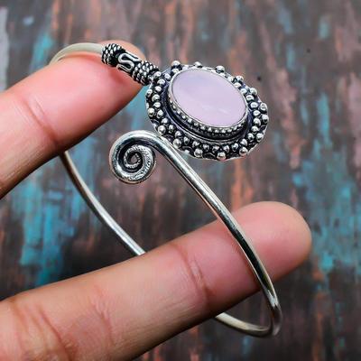 Amazing Pink Chalcedony Gemstone Handmade 925 Sterling Silver Jewelry Bangle Adjustable