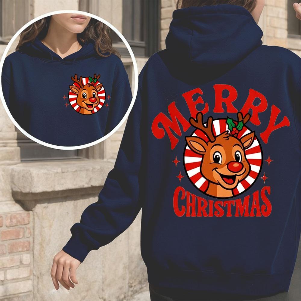 Retro Merry Christmas Reindeer 2-Sided Graphic Women Hoodies Vintage Christmas Reindeer Tops Festive Christmas Women's Clothing