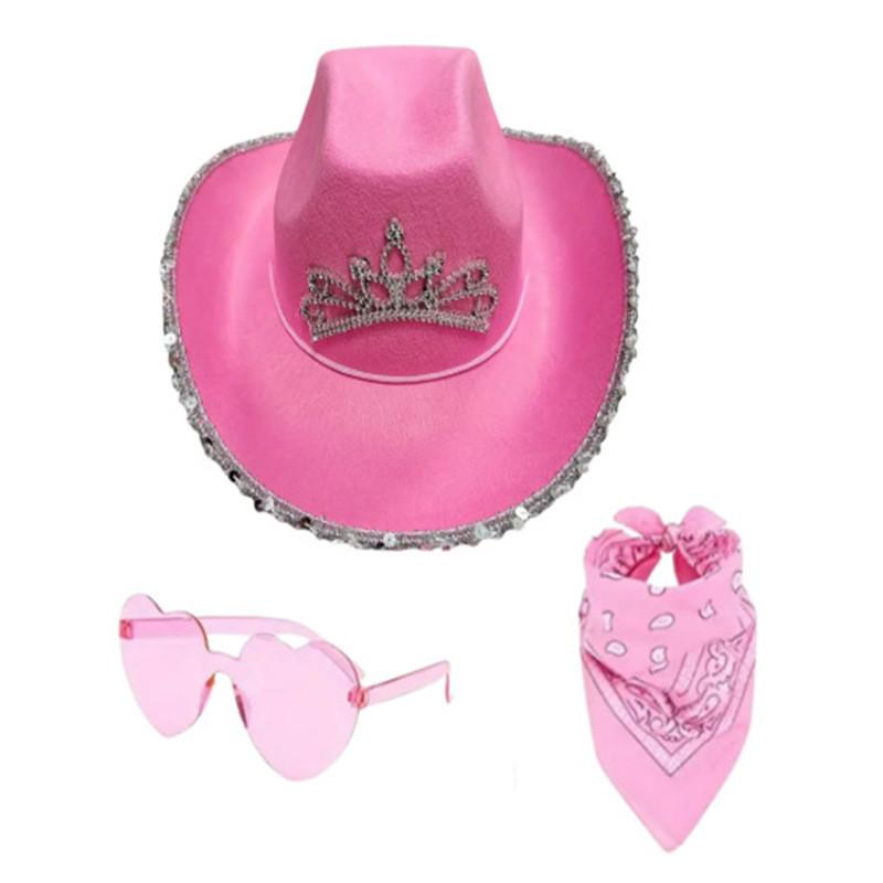 

Denim Hat Set With Pink Frayed Crown And Glitter Sequins For Party Costumes Style O