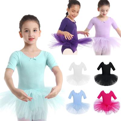 Kids Girls Short Sleeve Gymnastics Leotard Dress Ballet Tutu Dance Dress Fancy Costume Dancewear