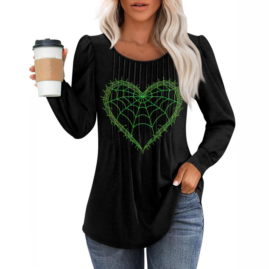 Women's Casual Fashion Long Sleeve Print Pleated Round Neck Shirt Casual Tops