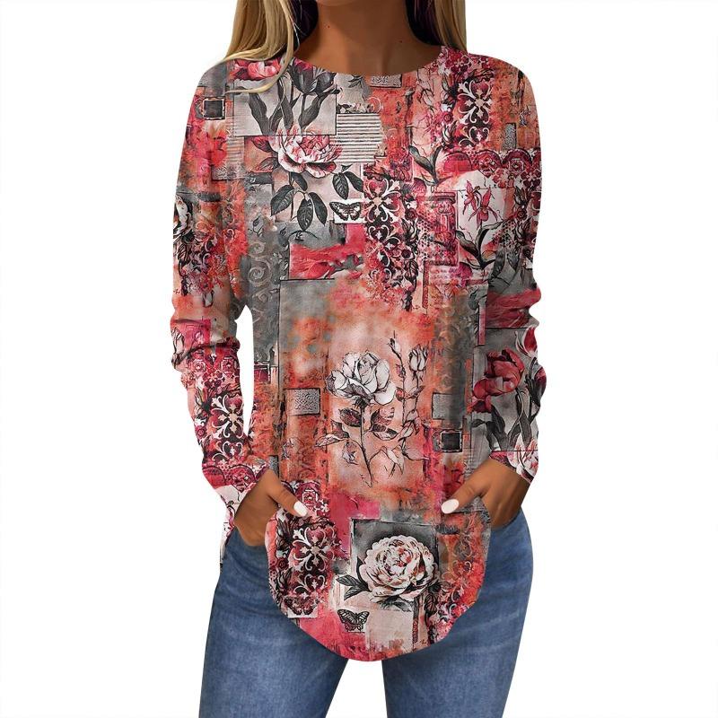 Damen T-Shirt mit 3D-Blattdruck, modisch, langärmlig, Rundhalsausschnitt, normale Oberteile, Feiertagswochenende, Frühling und Herbst