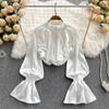 Satin Loose Shirt Long Flared Sleeves Ruffles O Neck Beading  Women Gentle Office Lady Casual Blouse