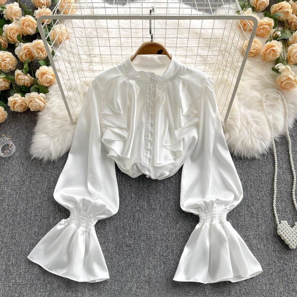 Satin Loose Shirt Long Flared Sleeves Ruffles O Neck Beading  Women Gentle Office Lady Casual Blouse