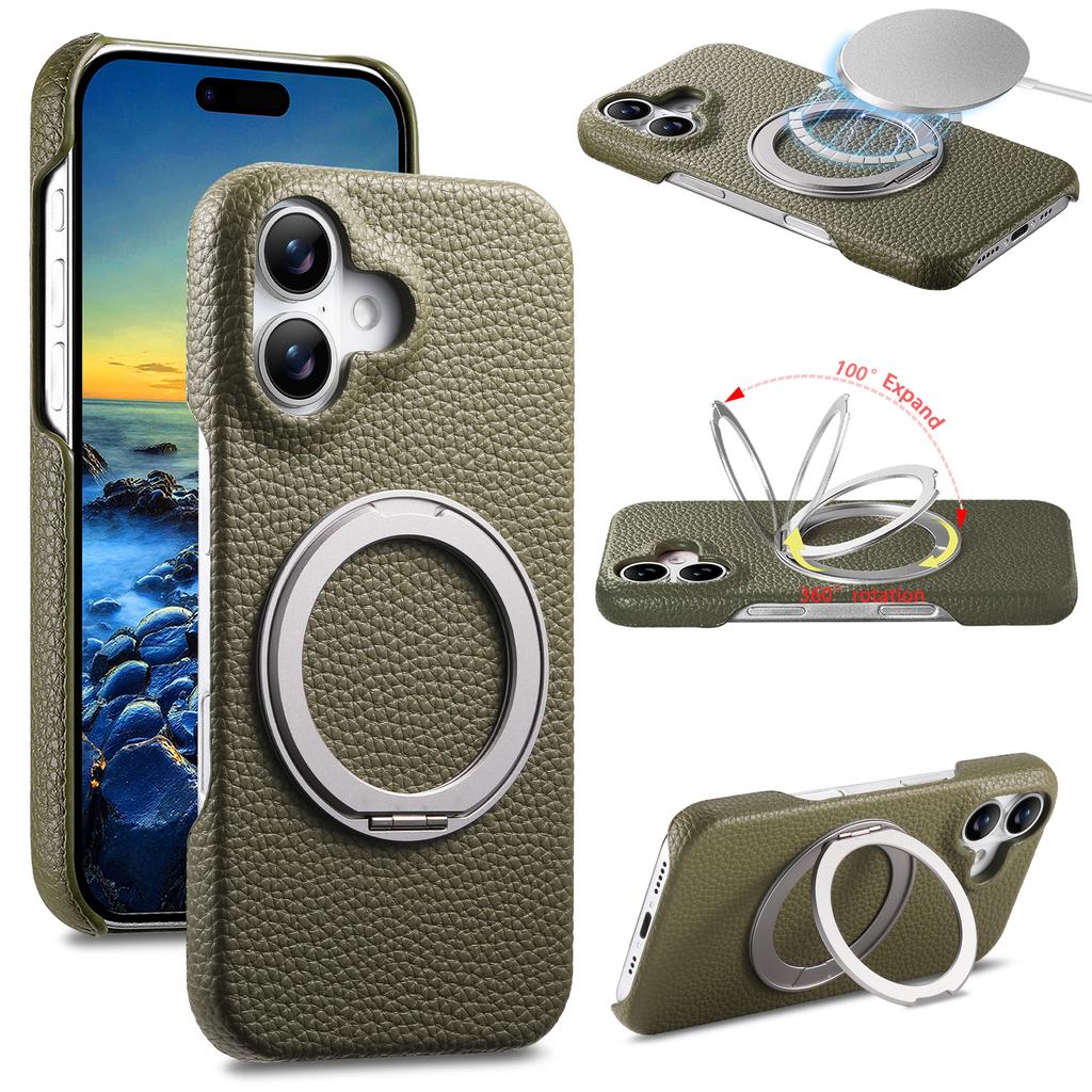 360 Rotating Magnetic Kickstand Lychee Grain Leather Phone Case For iPhone 17 Pro Max 16 Plus 15 14 13 12 11 Shockproof Cover