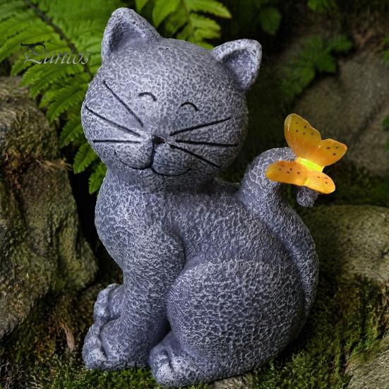 Decorative Sculpture for Balcony Solar Cat Garden Statue, Cute with Butterfly Light, Unique Housewarming Gift Waterproof Resin Animal Statue