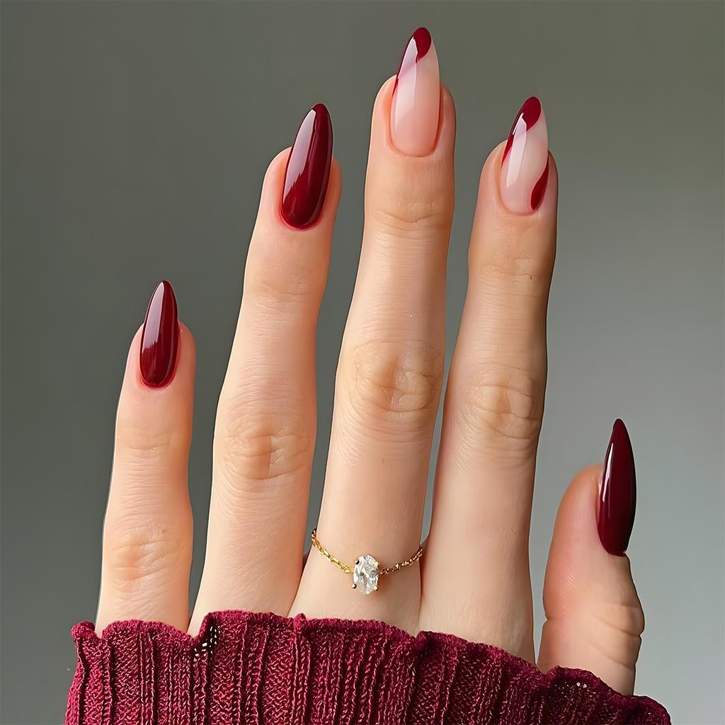 24Pcs Wine Red French Almond Press On Nails Simple Artificial Nail Tips Fake Nails