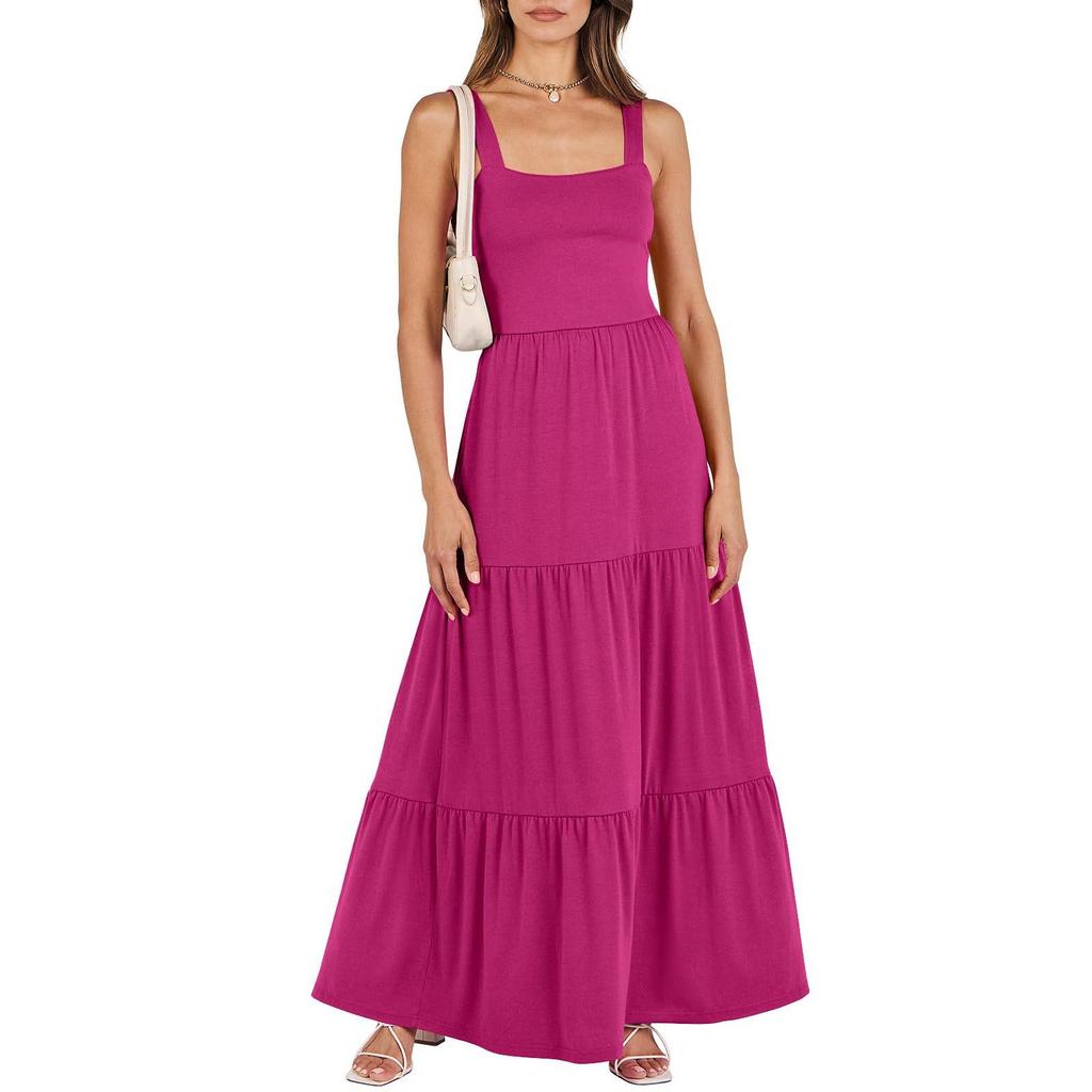 Women's Sleeveless Maxi Dress With Spaghetti Straps - Tiered Flowy Swing Beach Dress With Pockets