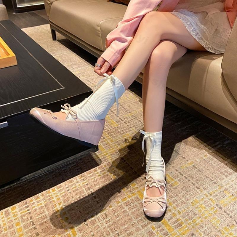 Fashion Elegant Square Head Bow Designed Casual Mary Jane Shoes for Women 2025 Spring New Shallow Mouth Comfortable Chunky Single Shoes